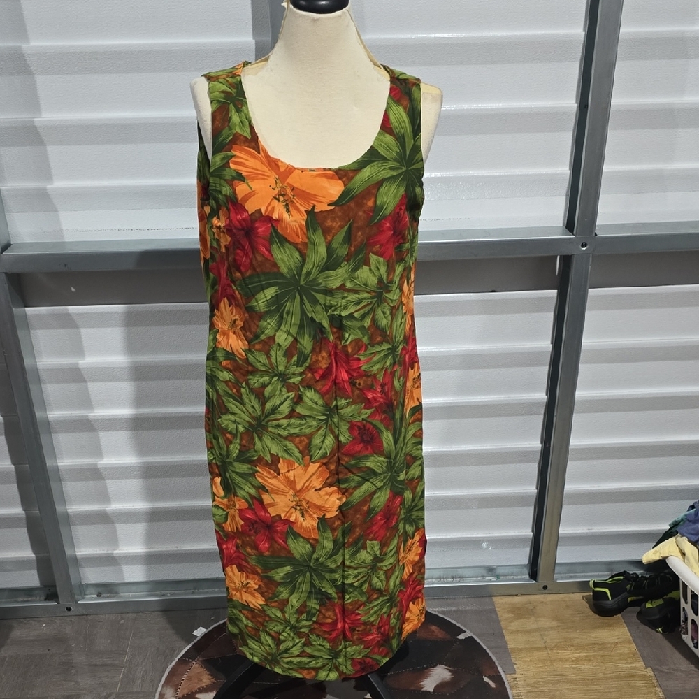 Worthington Tropical Floral Sleeveless Dress in Green, Orange, Red